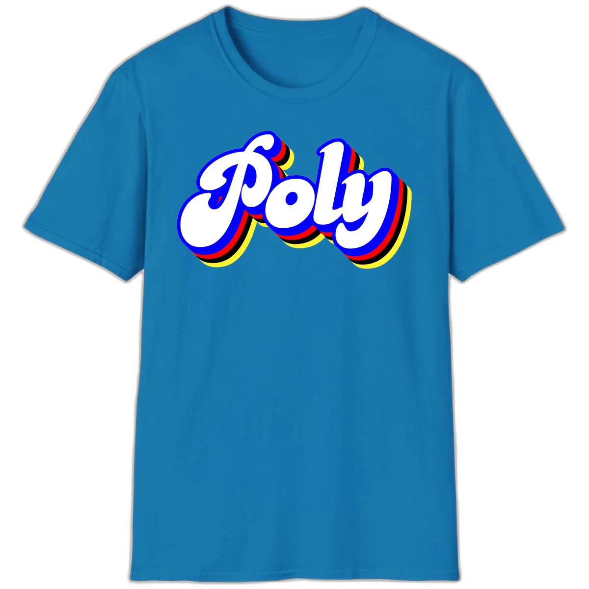Bold retro 'POP' text with 3D blue outline and colorful red, yellow, black striped bands on gray background in Sapphire