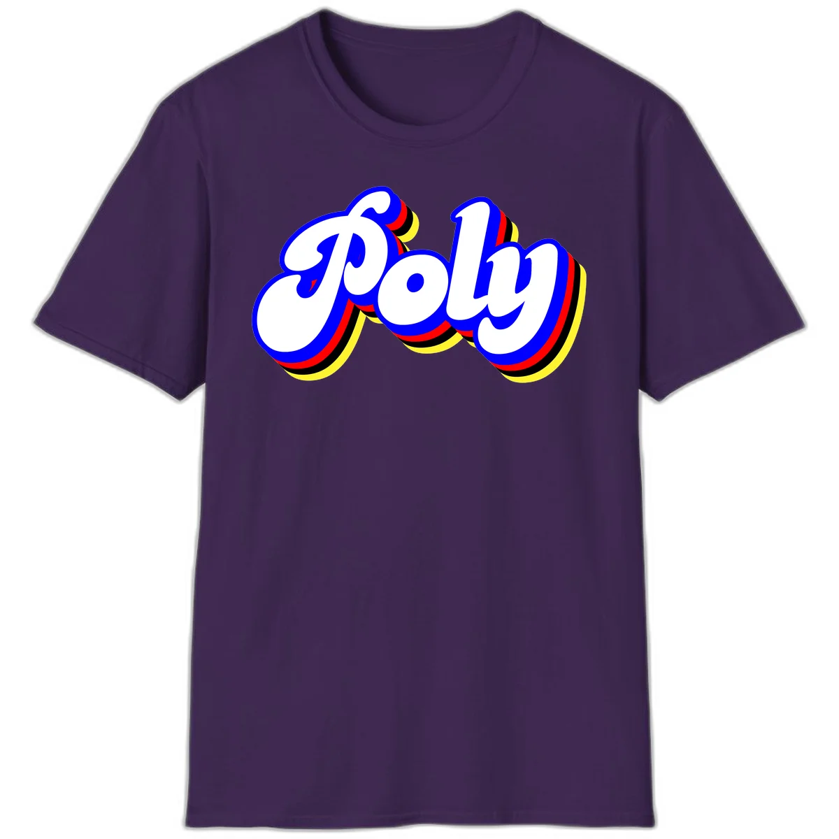 Bold retro 'POP' text with 3D blue outline and colorful red, yellow, black striped bands on gray background in Purple