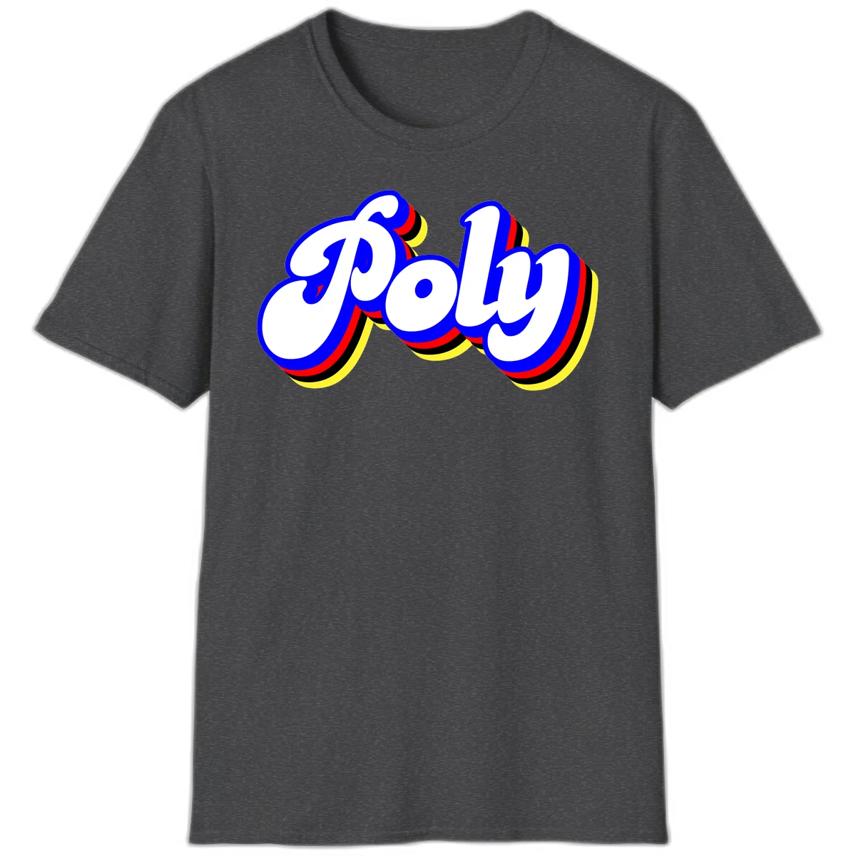 Bold retro 'POP' text with 3D blue outline and colorful red, yellow, black striped bands on gray background in Dark Heather