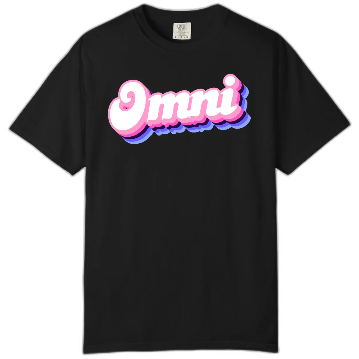 Bold pink 3D bubble text spelling 'OMG' with purple and blue dimensional shadow layering effects in Black