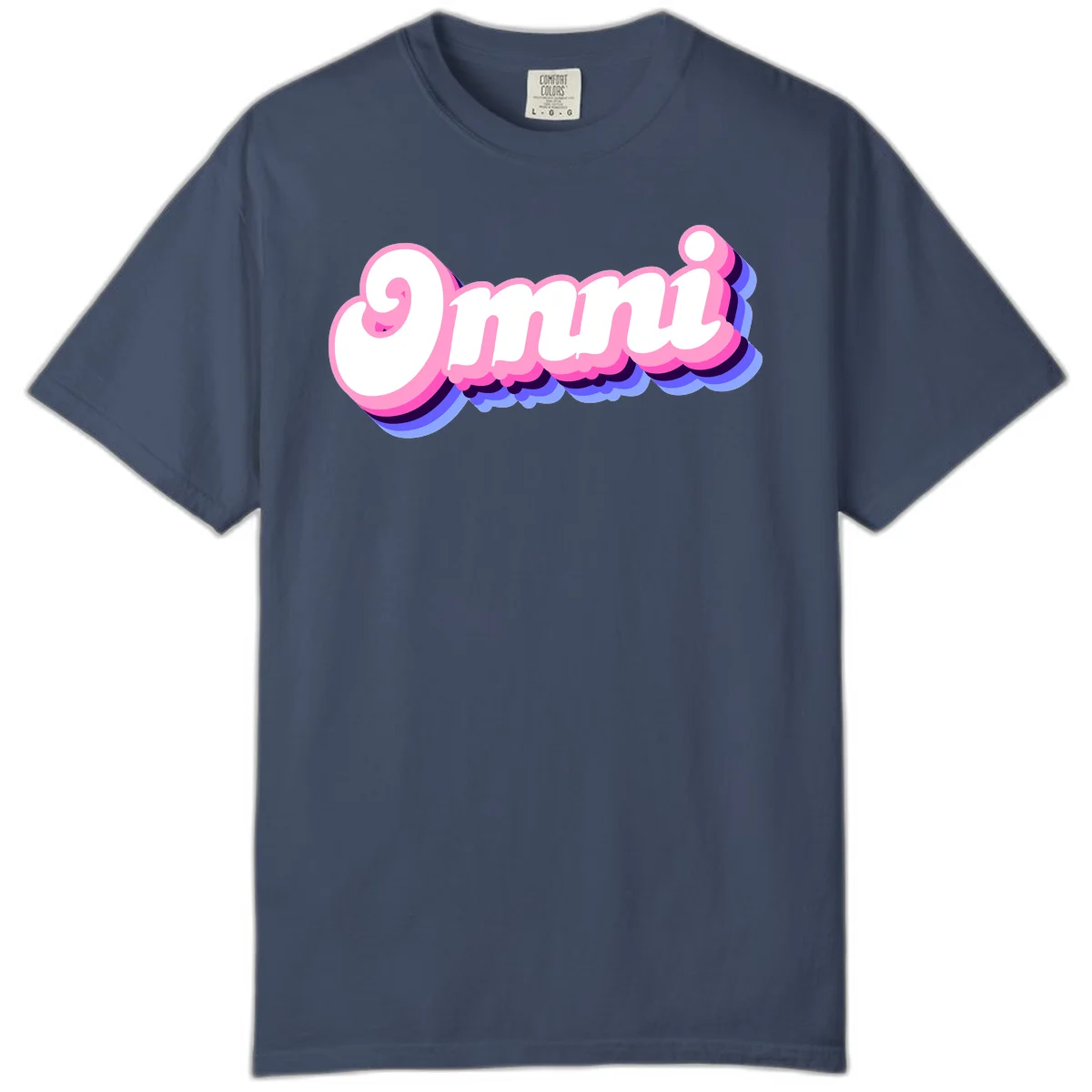 Bold pink 3D bubble text spelling 'OMG' with purple and blue dimensional shadow layering effects in Midnight