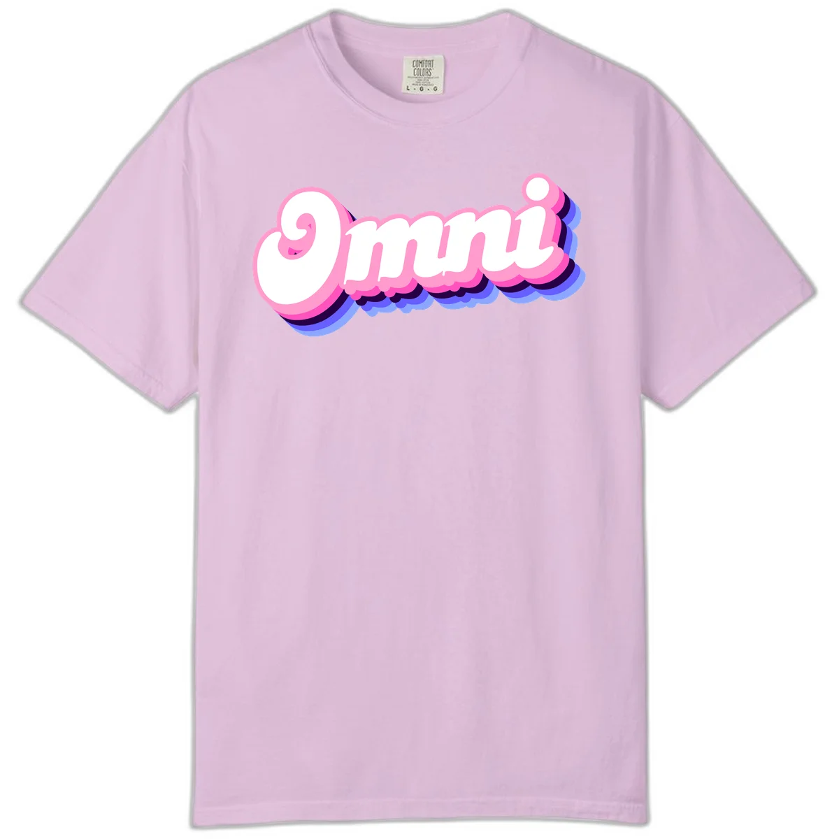 Bold pink 3D bubble text spelling 'OMG' with purple and blue dimensional shadow layering effects in Orchid