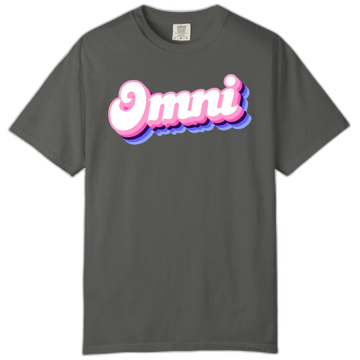 Bold pink 3D bubble text spelling 'OMG' with purple and blue dimensional shadow layering effects in Pepper