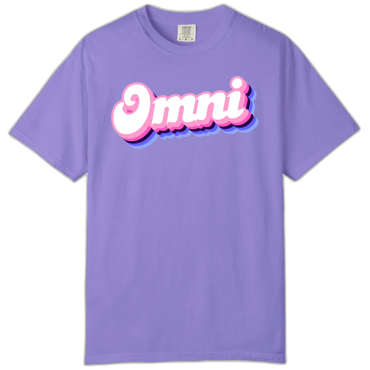 Bold pink 3D bubble text spelling 'OMG' with purple and blue dimensional shadow layering effects in Violet