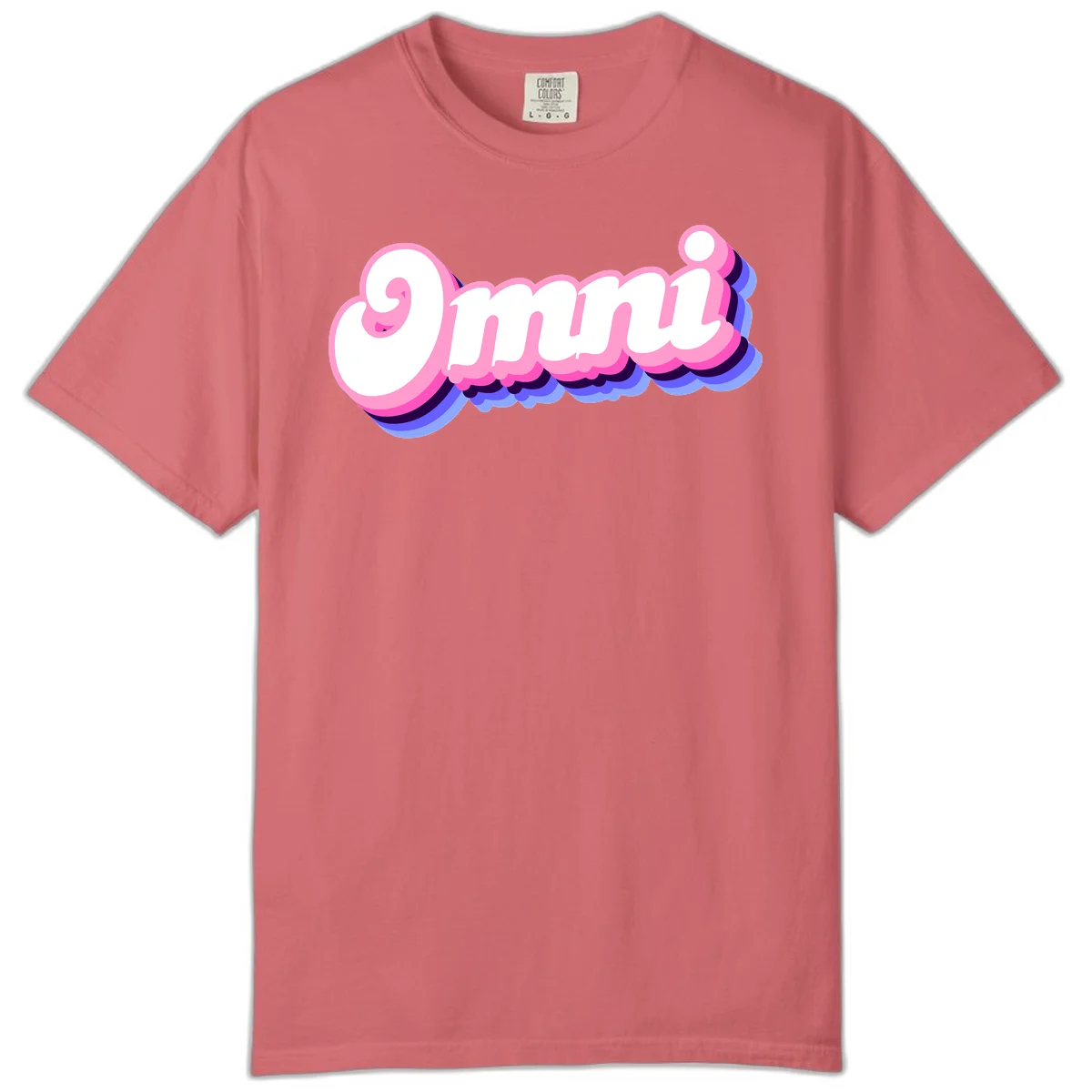 Bold pink 3D bubble text spelling 'OMG' with purple and blue dimensional shadow layering effects in Watermelon