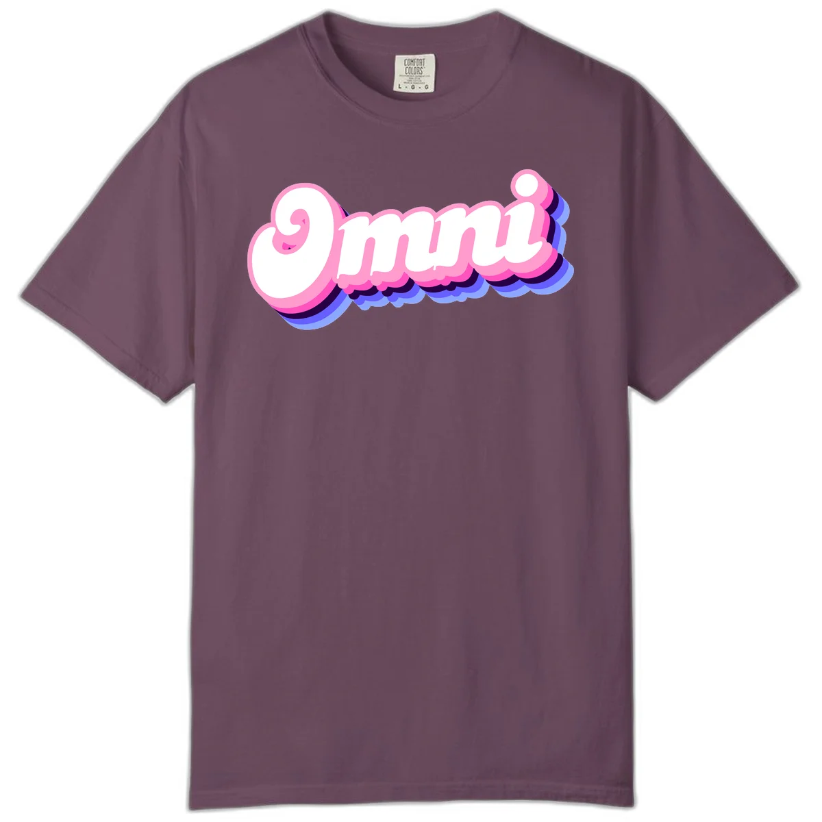 Bold pink 3D bubble text spelling 'OMG' with purple and blue dimensional shadow layering effects in Berry