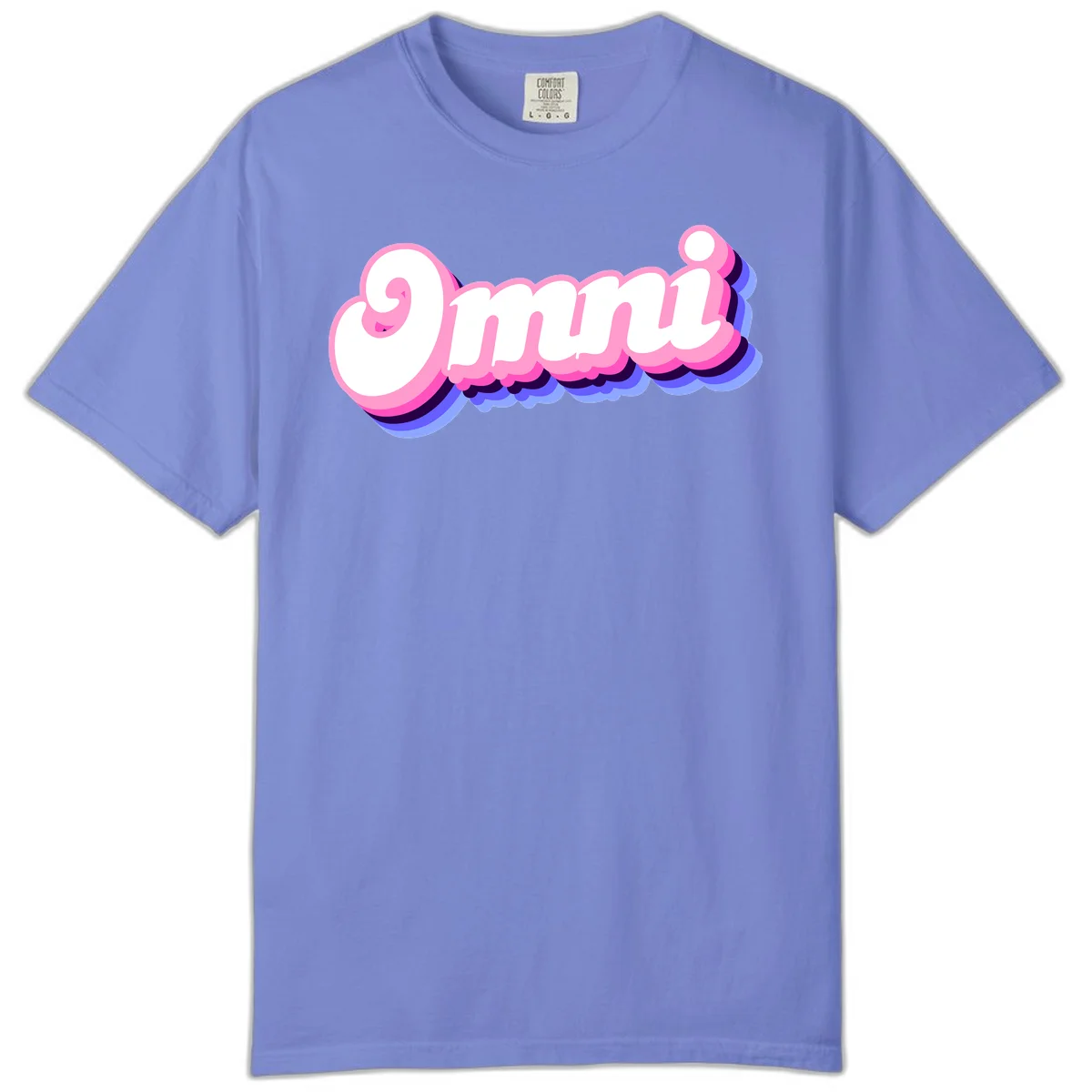 Bold pink 3D bubble text spelling 'OMG' with purple and blue dimensional shadow layering effects in Flo Blue