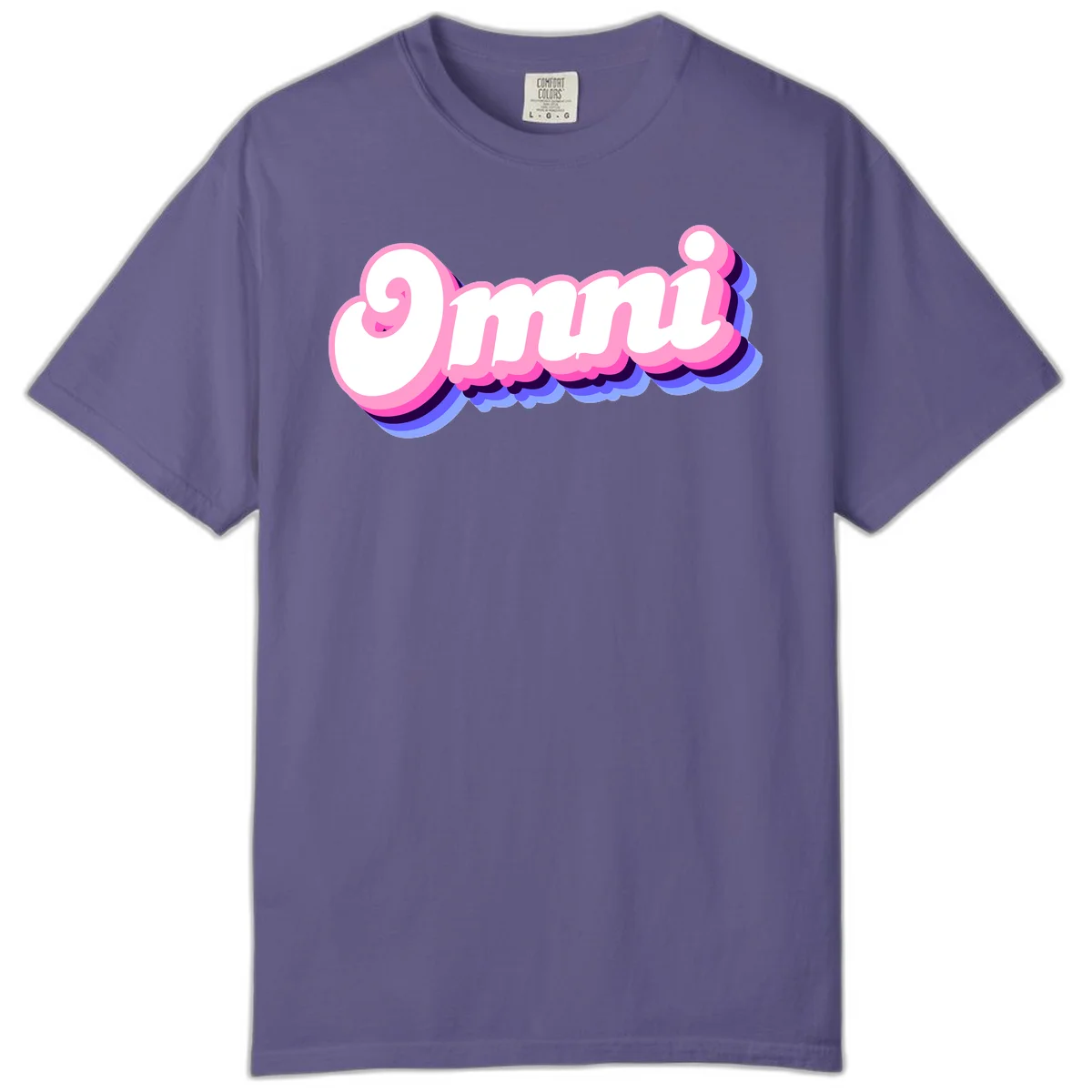 Bold pink 3D bubble text spelling 'OMG' with purple and blue dimensional shadow layering effects in Grape