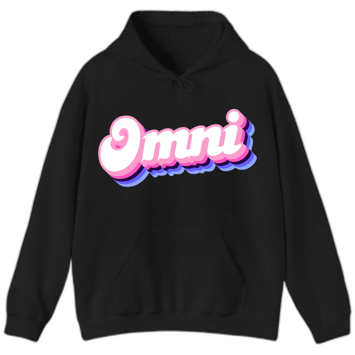 Bold pink 3D bubble text spelling 'OMG' with purple and blue dimensional shadow layering effects in Black