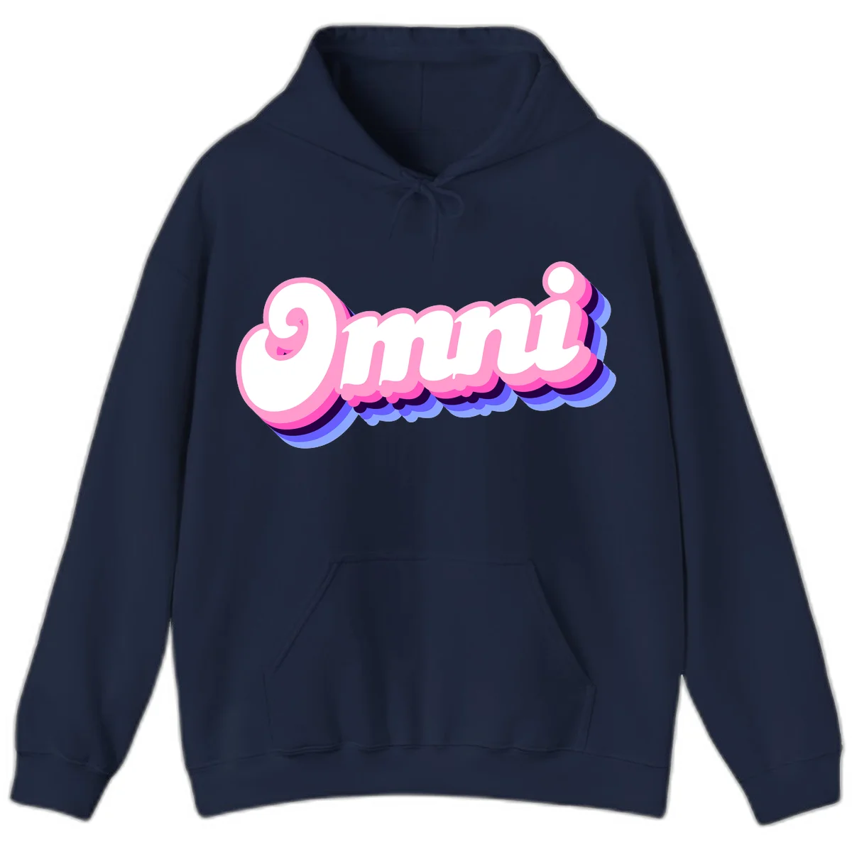 Bold pink 3D bubble text spelling 'OMG' with purple and blue dimensional shadow layering effects in Navy