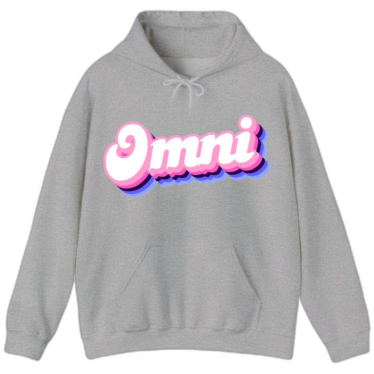 Bold pink 3D bubble text spelling 'OMG' with purple and blue dimensional shadow layering effects in Sport Grey