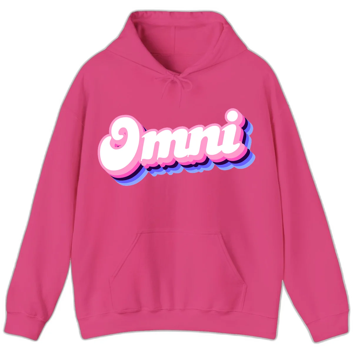 Bold pink 3D bubble text spelling 'OMG' with purple and blue dimensional shadow layering effects in Heliconia