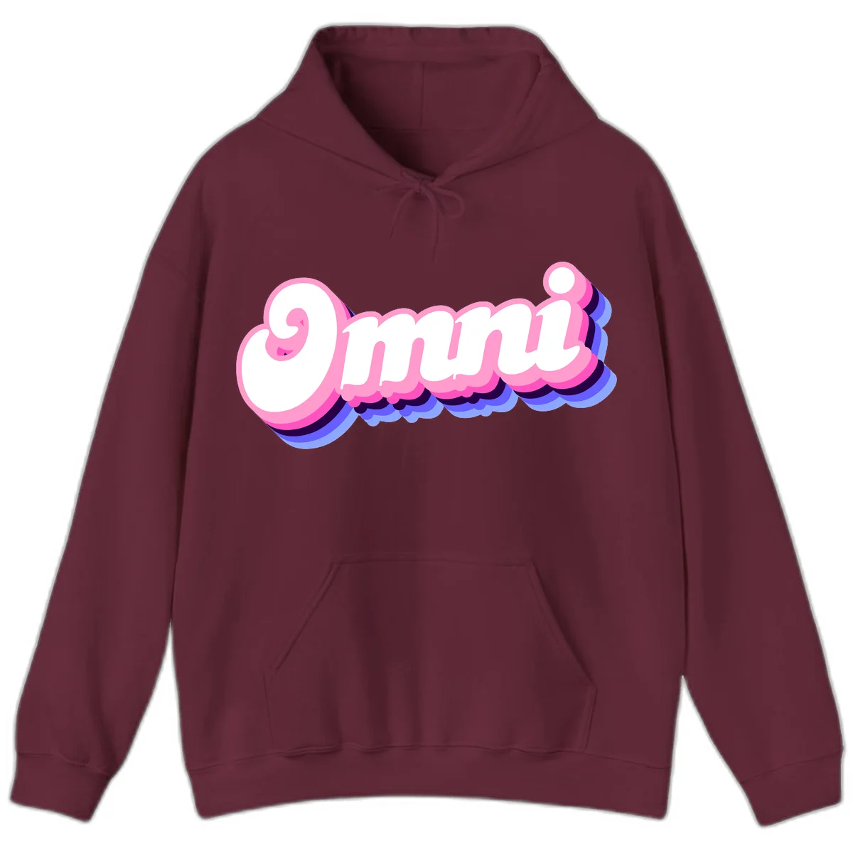 Bold pink 3D bubble text spelling 'OMG' with purple and blue dimensional shadow layering effects in Maroon