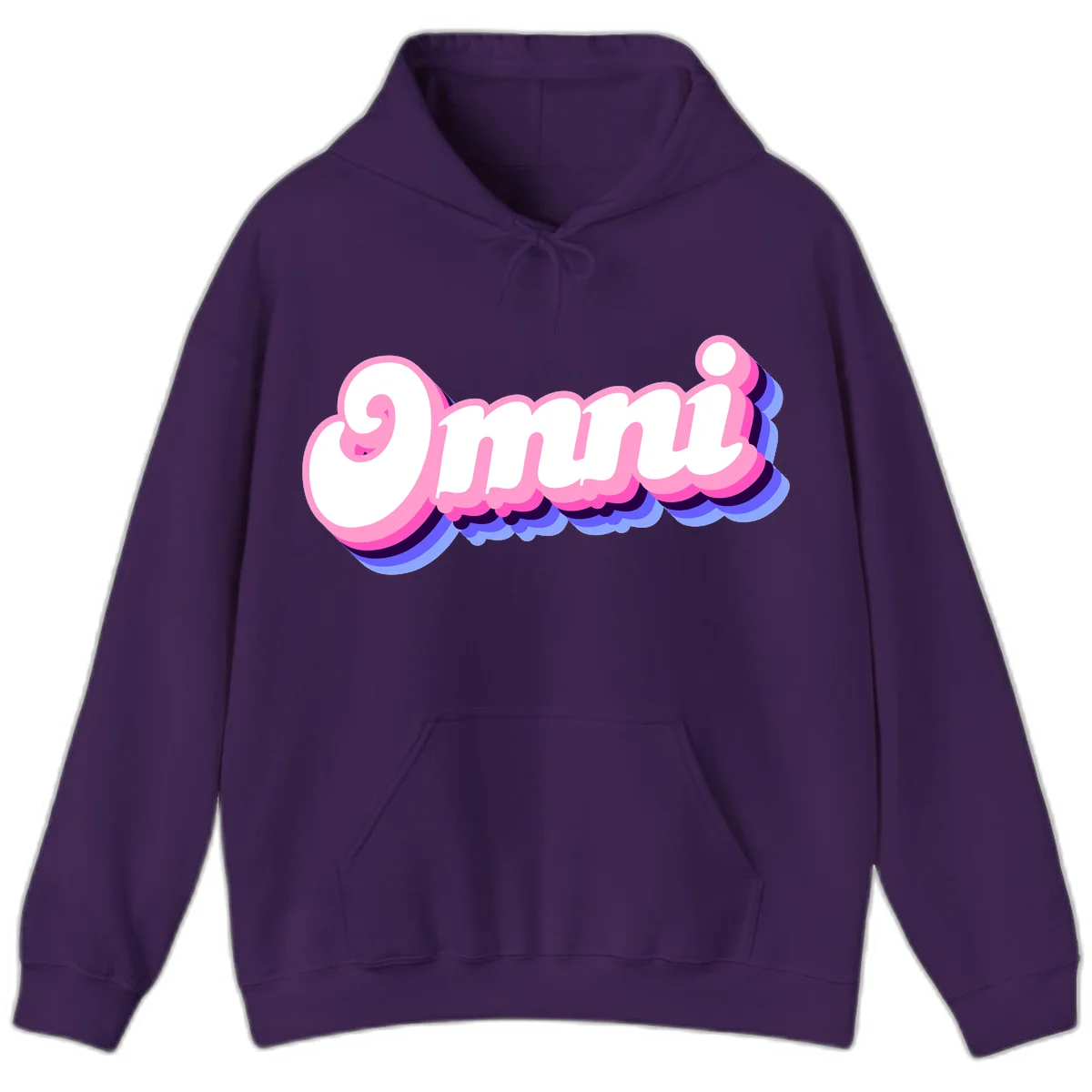Bold pink 3D bubble text spelling 'OMG' with purple and blue dimensional shadow layering effects in Purple