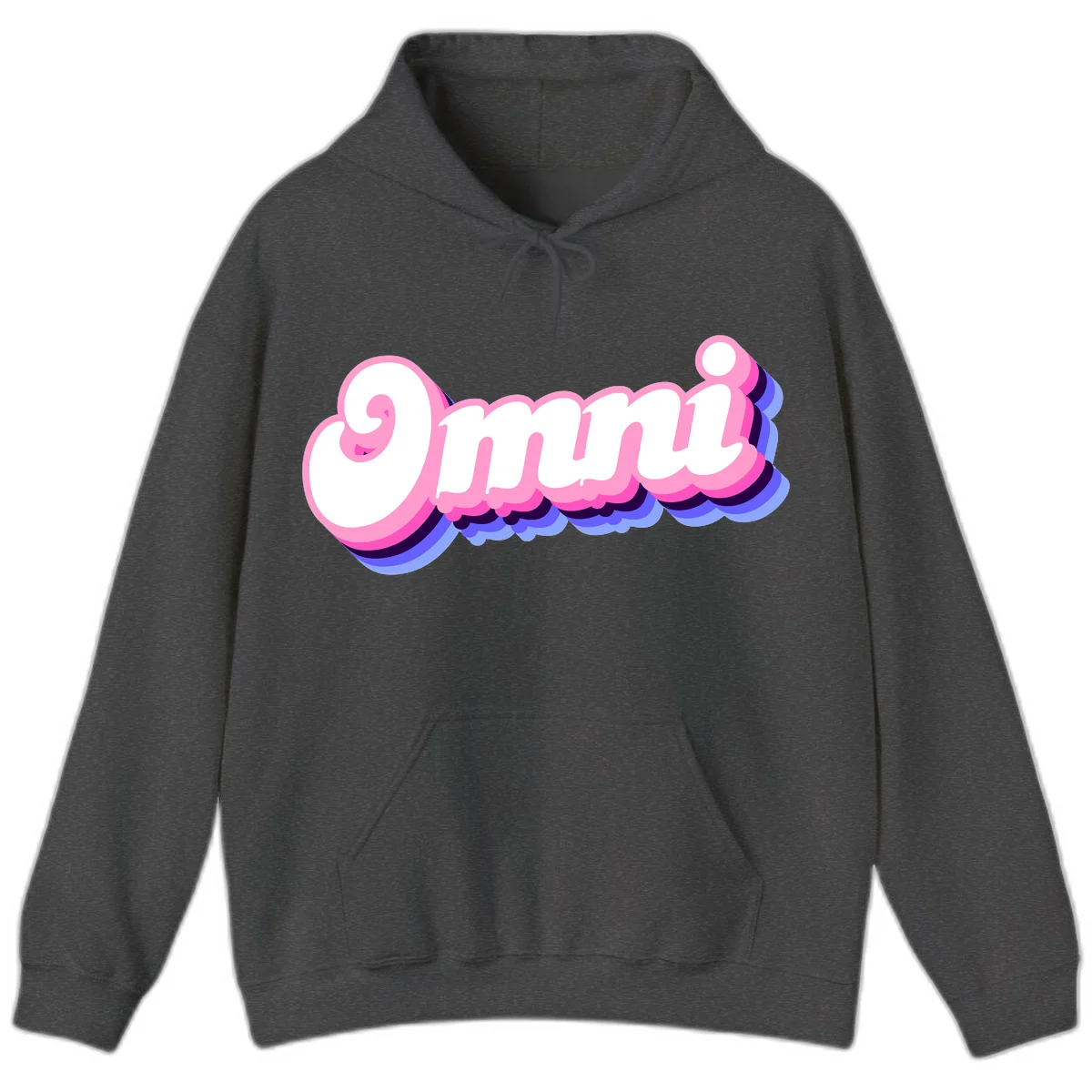 Bold pink 3D bubble text spelling 'OMG' with purple and blue dimensional shadow layering effects in Dark Heather