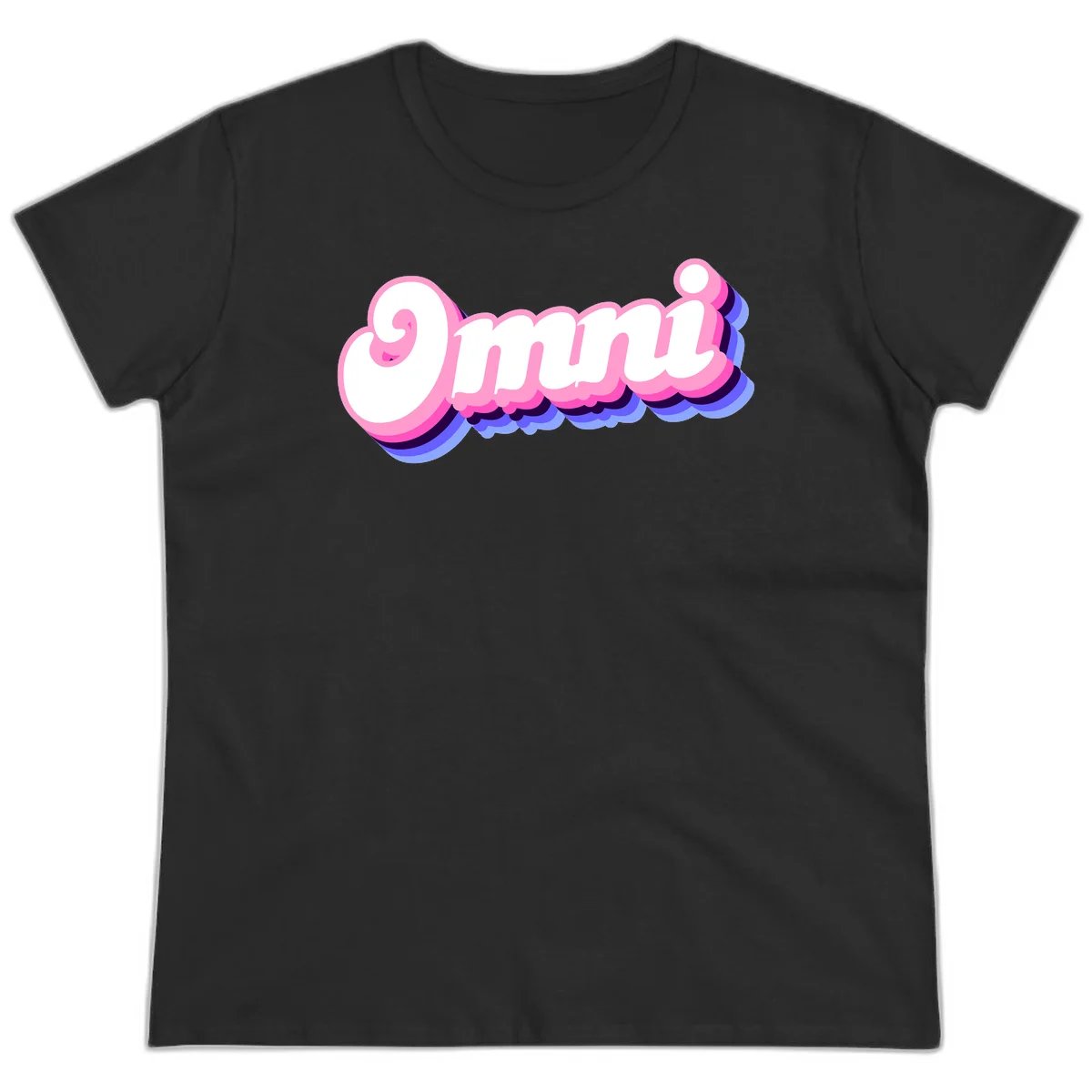 Bold pink 3D bubble text spelling 'OMG' with purple and blue dimensional shadow layering effects in Black