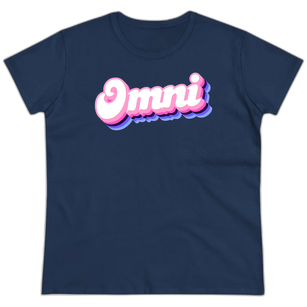 Bold pink 3D bubble text spelling 'OMG' with purple and blue dimensional shadow layering effects in Navy