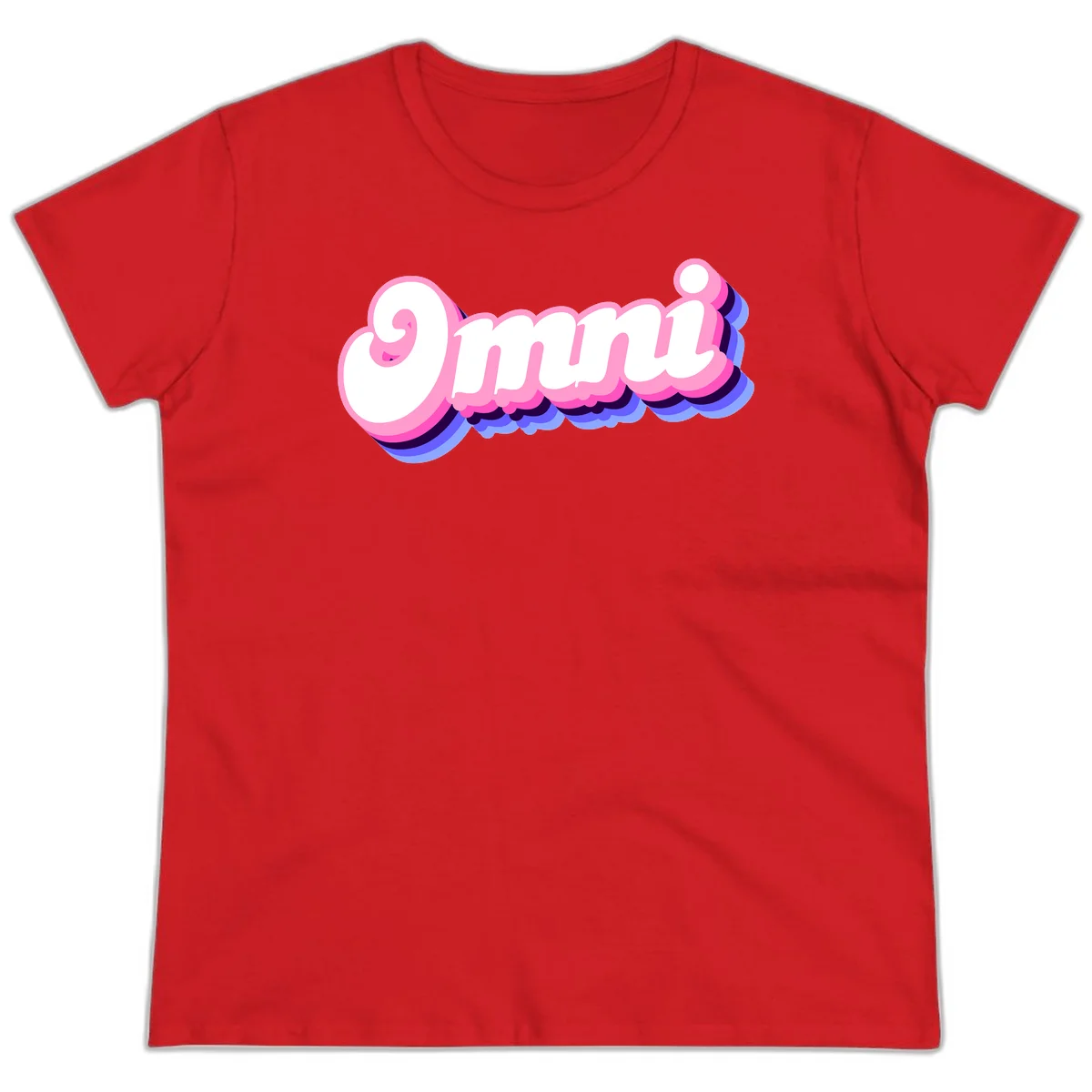 Bold pink 3D bubble text spelling 'OMG' with purple and blue dimensional shadow layering effects in Red