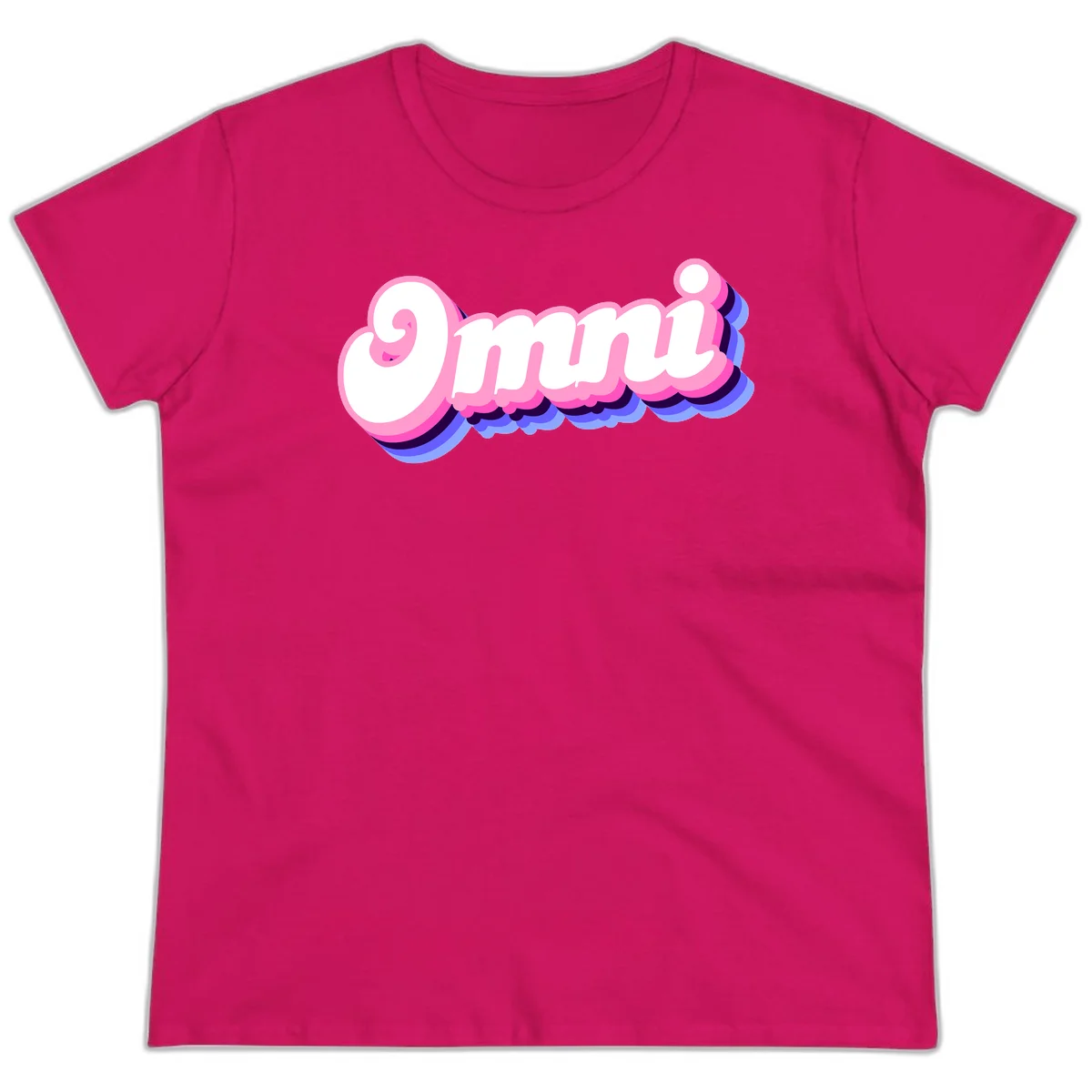 Bold pink 3D bubble text spelling 'OMG' with purple and blue dimensional shadow layering effects in Heliconia