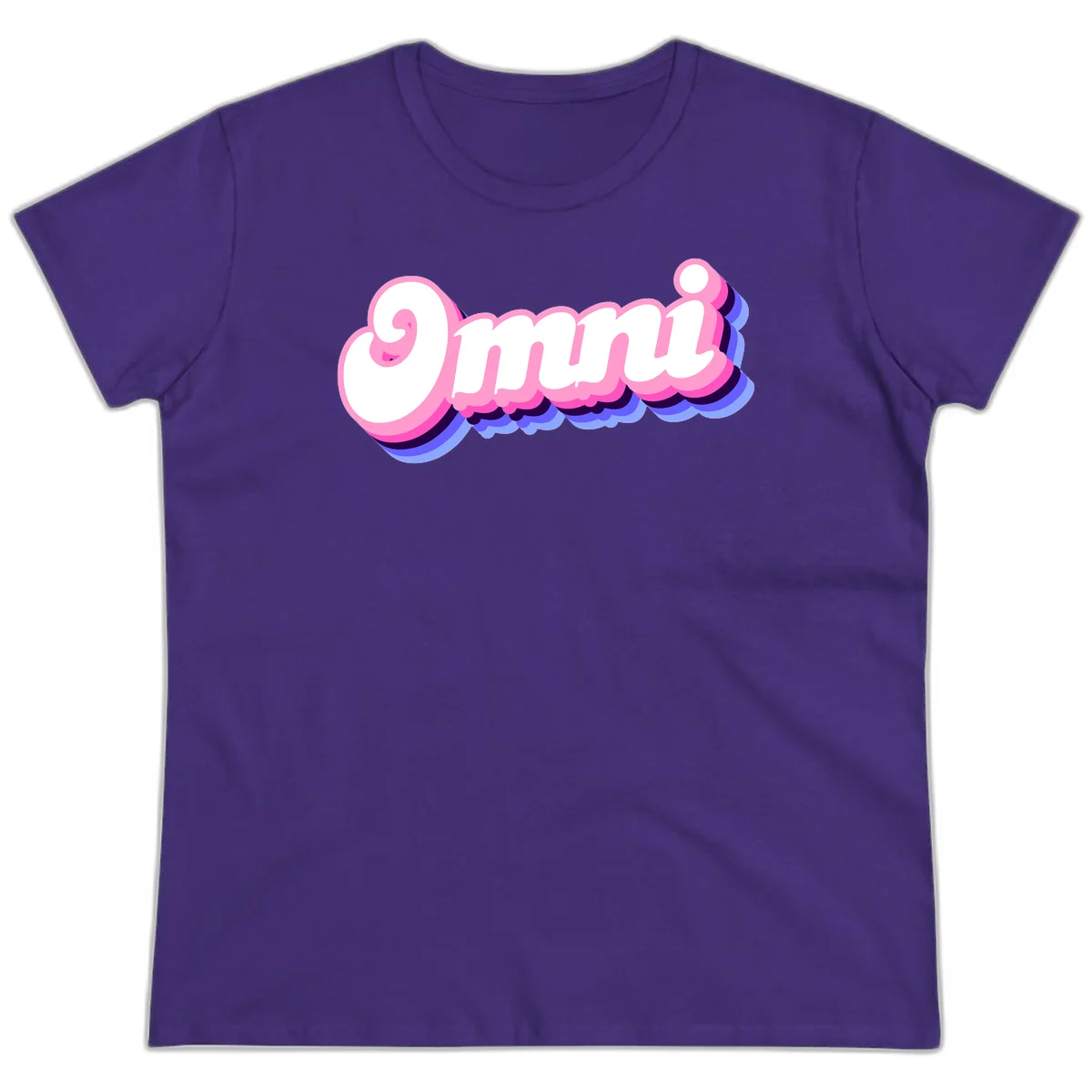 Bold pink 3D bubble text spelling 'OMG' with purple and blue dimensional shadow layering effects in Purple