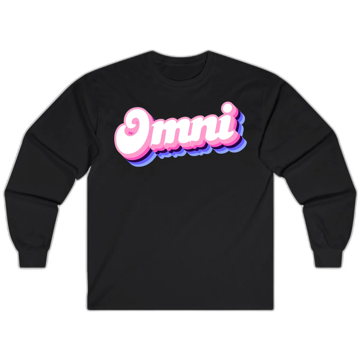Bold pink 3D bubble text spelling 'OMG' with purple and blue dimensional shadow layering effects in Black