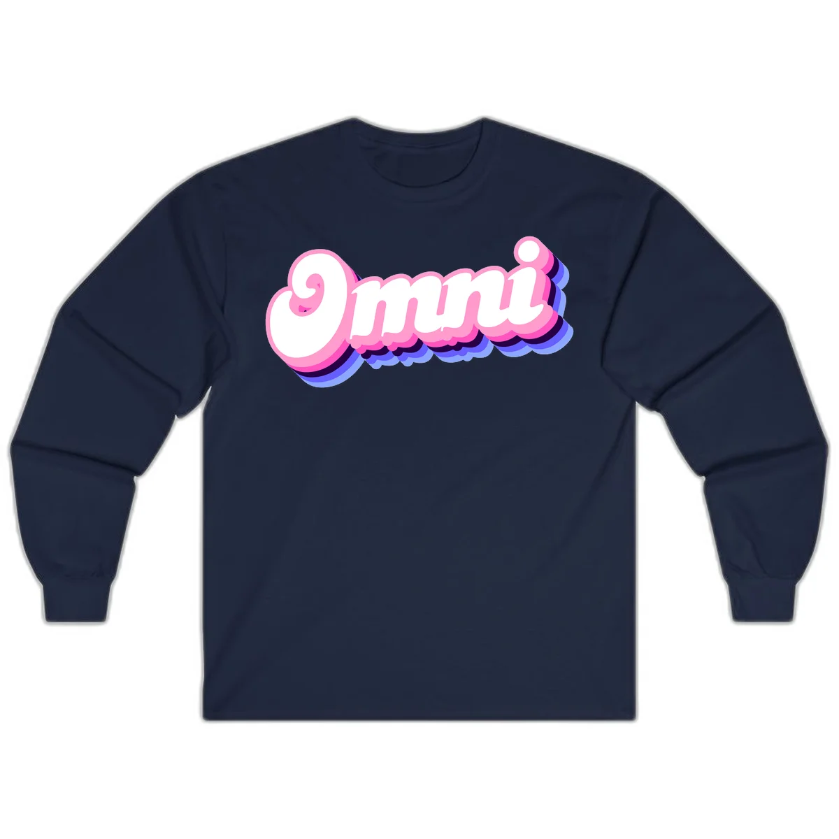 Bold pink 3D bubble text spelling 'OMG' with purple and blue dimensional shadow layering effects in Navy
