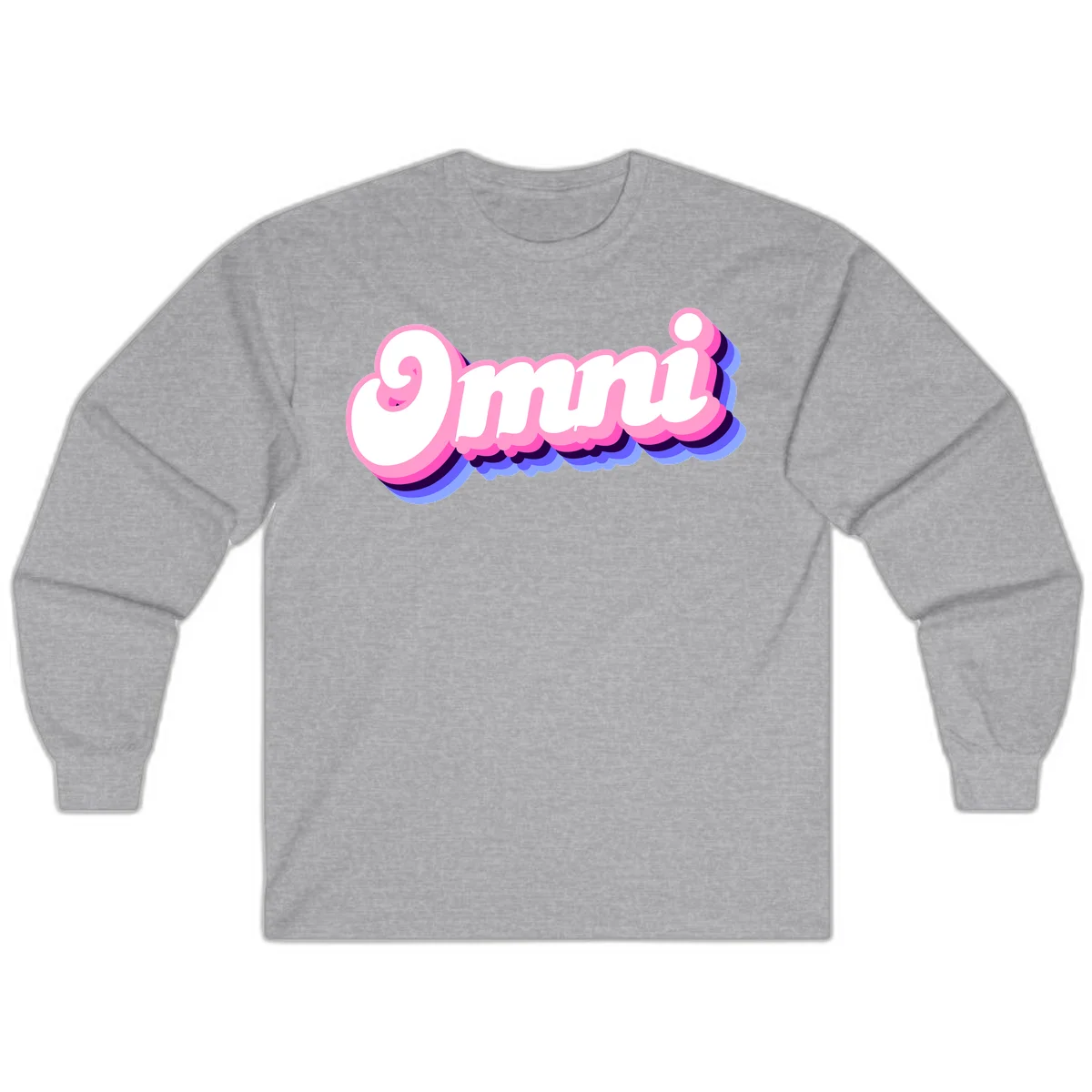 Bold pink 3D bubble text spelling 'OMG' with purple and blue dimensional shadow layering effects in Sport Grey