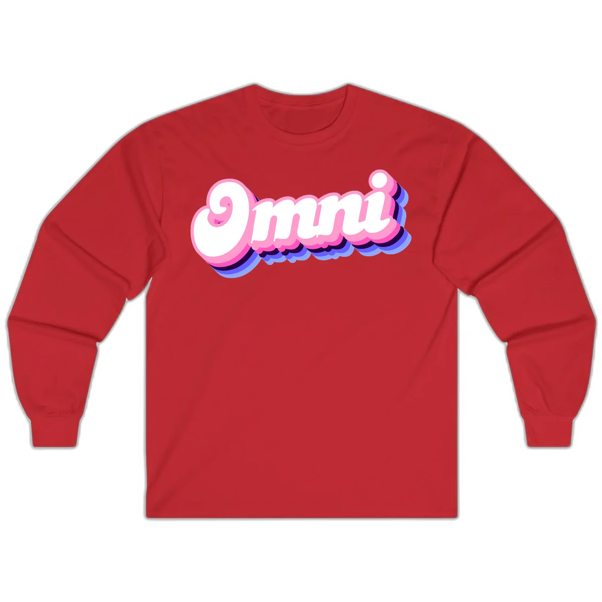 Bold pink 3D bubble text spelling 'OMG' with purple and blue dimensional shadow layering effects in Red