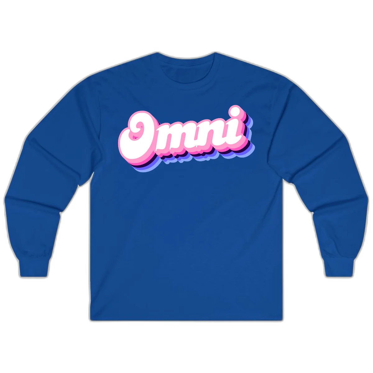 Bold pink 3D bubble text spelling 'OMG' with purple and blue dimensional shadow layering effects in Royal