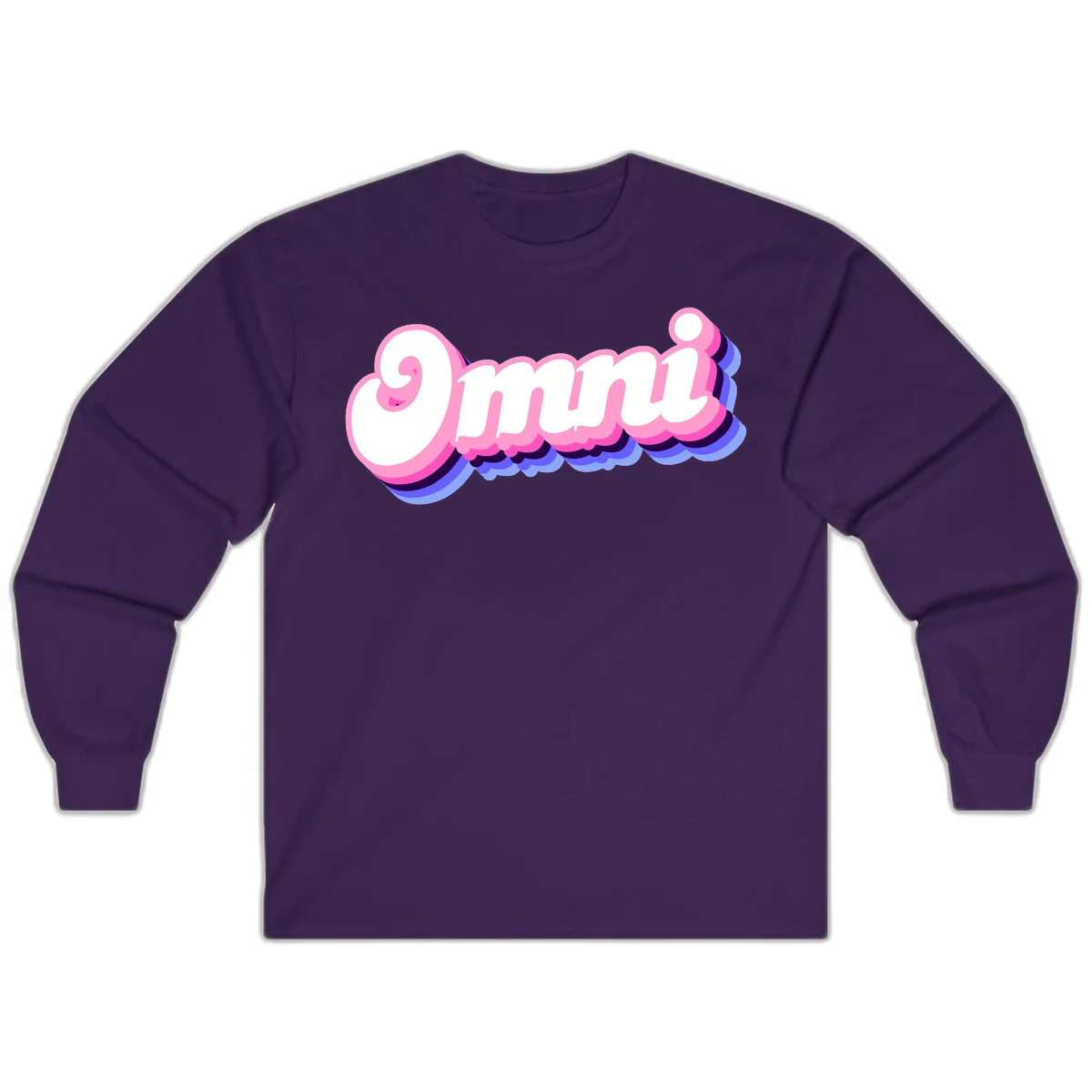 Bold pink 3D bubble text spelling 'OMG' with purple and blue dimensional shadow layering effects in Purple