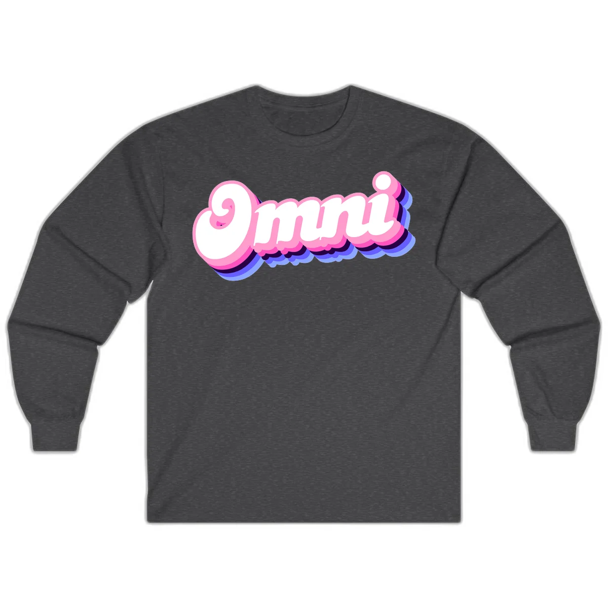 Bold pink 3D bubble text spelling 'OMG' with purple and blue dimensional shadow layering effects in Dark Heather
