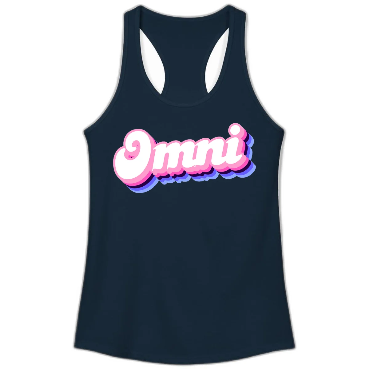 Bold pink 3D bubble text spelling 'OMG' with purple and blue dimensional shadow layering effects in Solid Midnight Navy