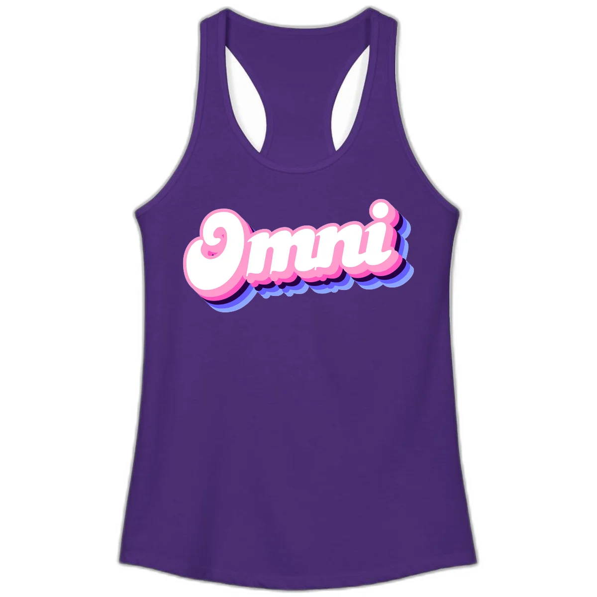 Bold pink 3D bubble text spelling 'OMG' with purple and blue dimensional shadow layering effects in Solid Purple Rush