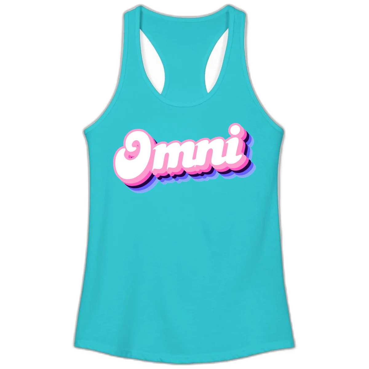 Bold pink 3D bubble text spelling 'OMG' with purple and blue dimensional shadow layering effects in Solid Tahiti Blue