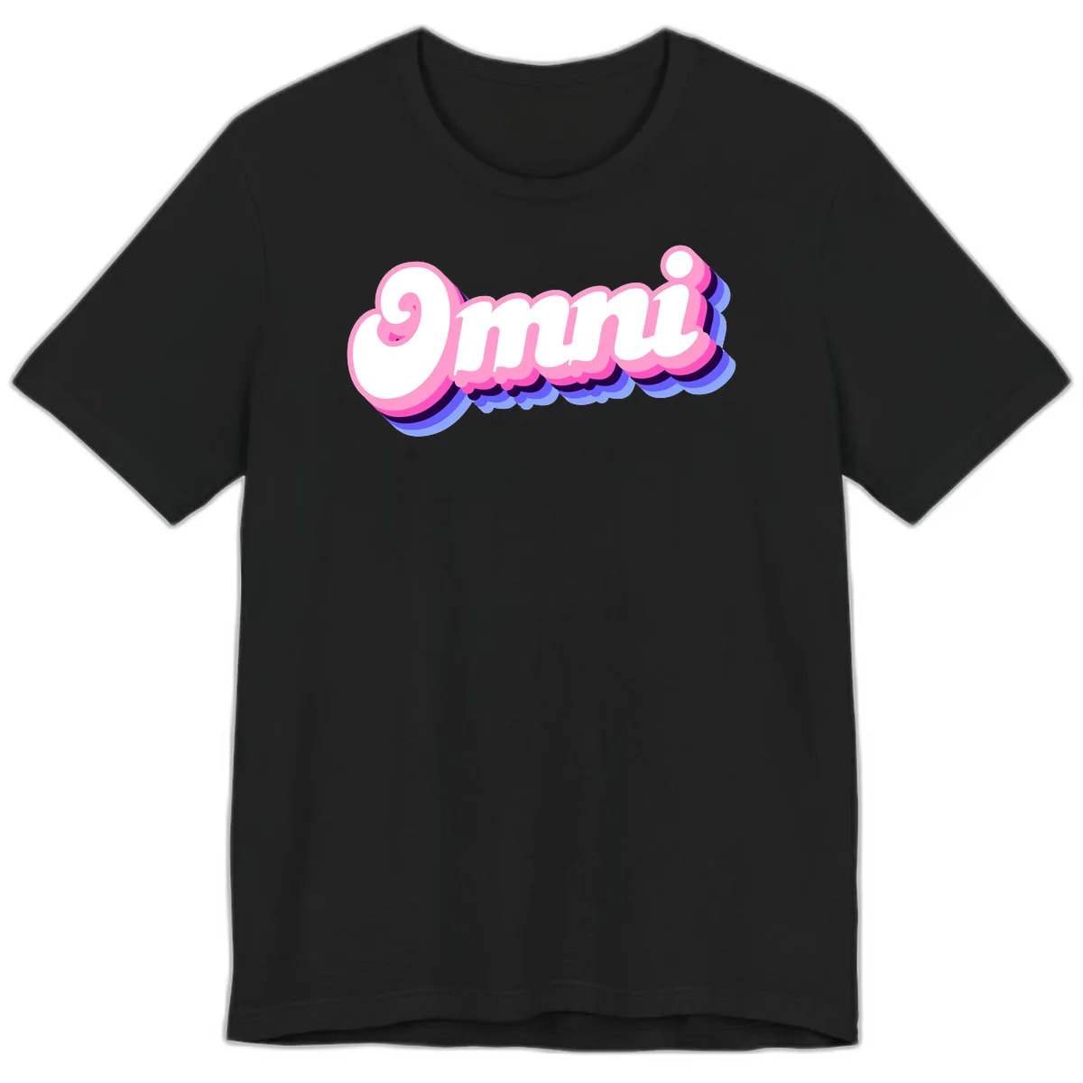 Bold pink 3D bubble text spelling 'OMG' with purple and blue dimensional shadow layering effects in Black