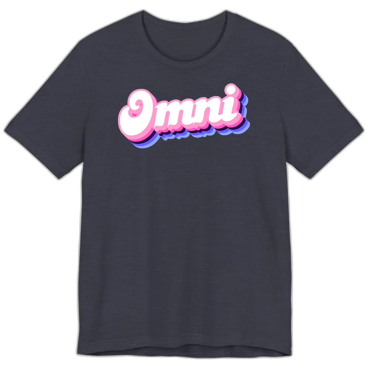 Bold pink 3D bubble text spelling 'OMG' with purple and blue dimensional shadow layering effects in Heather Midnight Navy