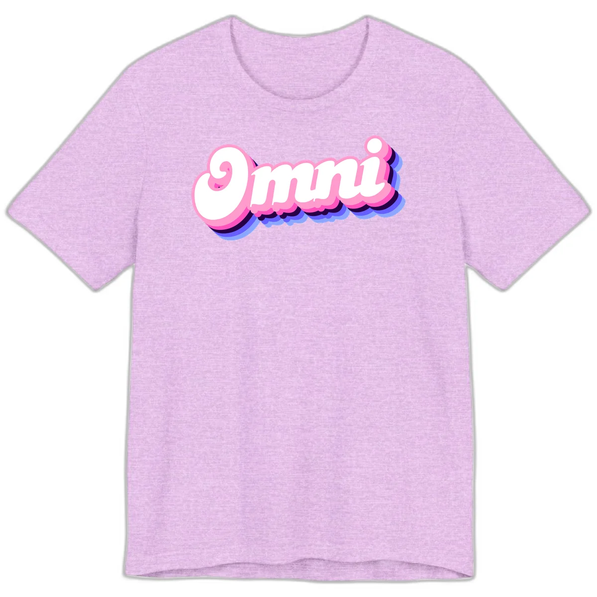 Bold pink 3D bubble text spelling 'OMG' with purple and blue dimensional shadow layering effects in Heather Prism Lilac