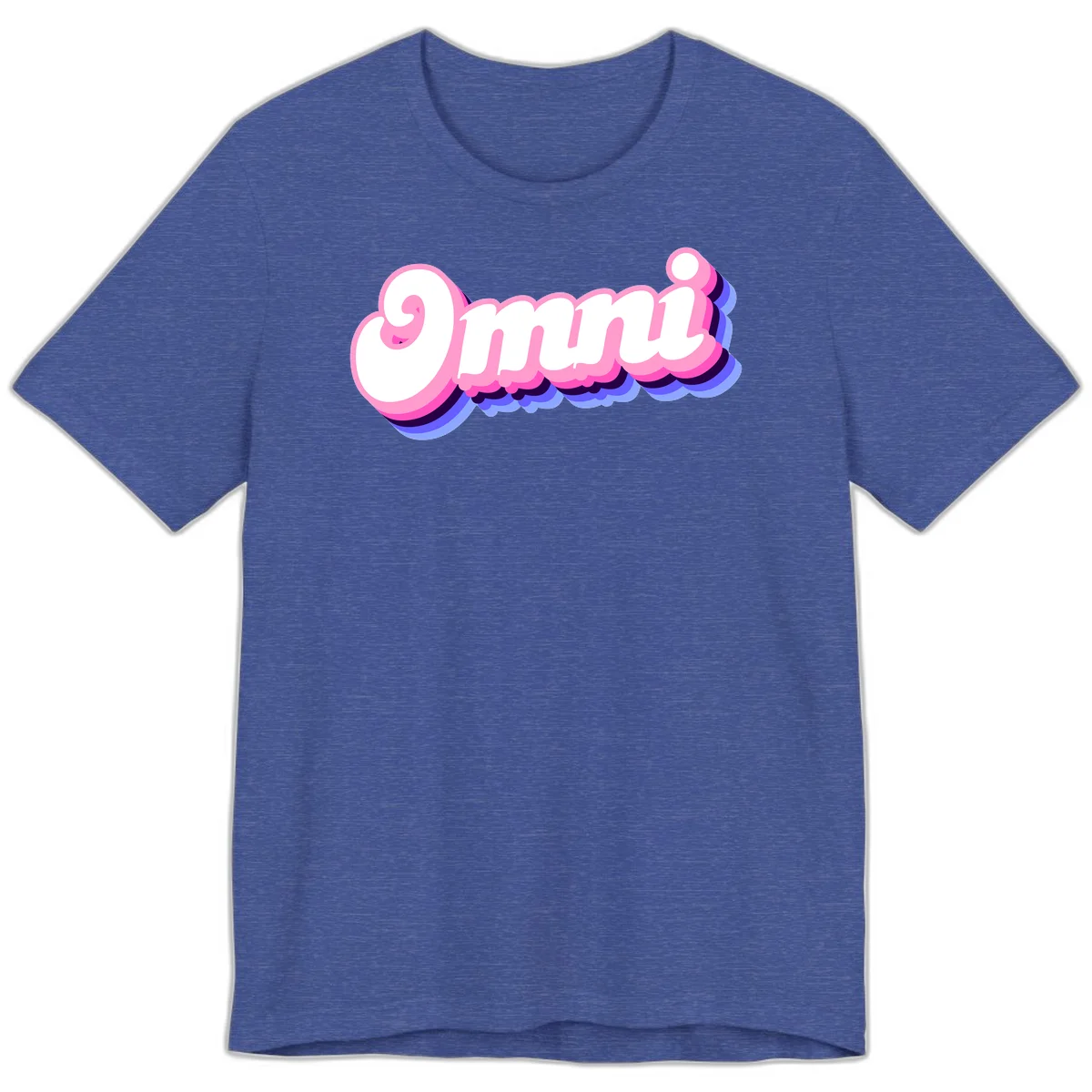 Bold pink 3D bubble text spelling 'OMG' with purple and blue dimensional shadow layering effects in Heather True Royal