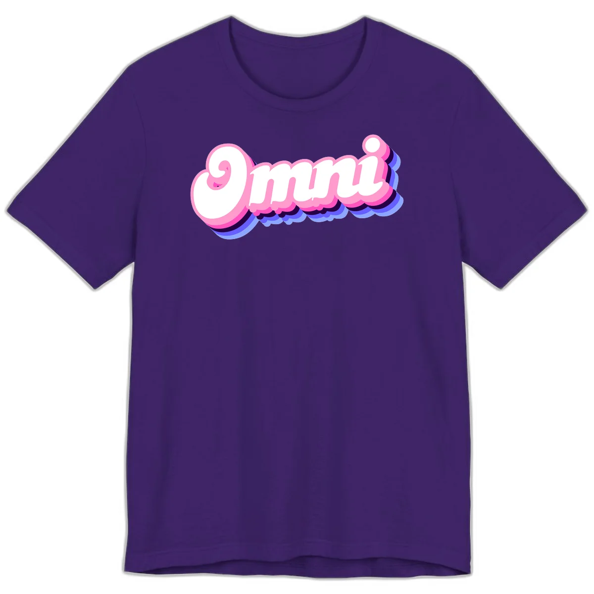 Bold pink 3D bubble text spelling 'OMG' with purple and blue dimensional shadow layering effects in Team Purple