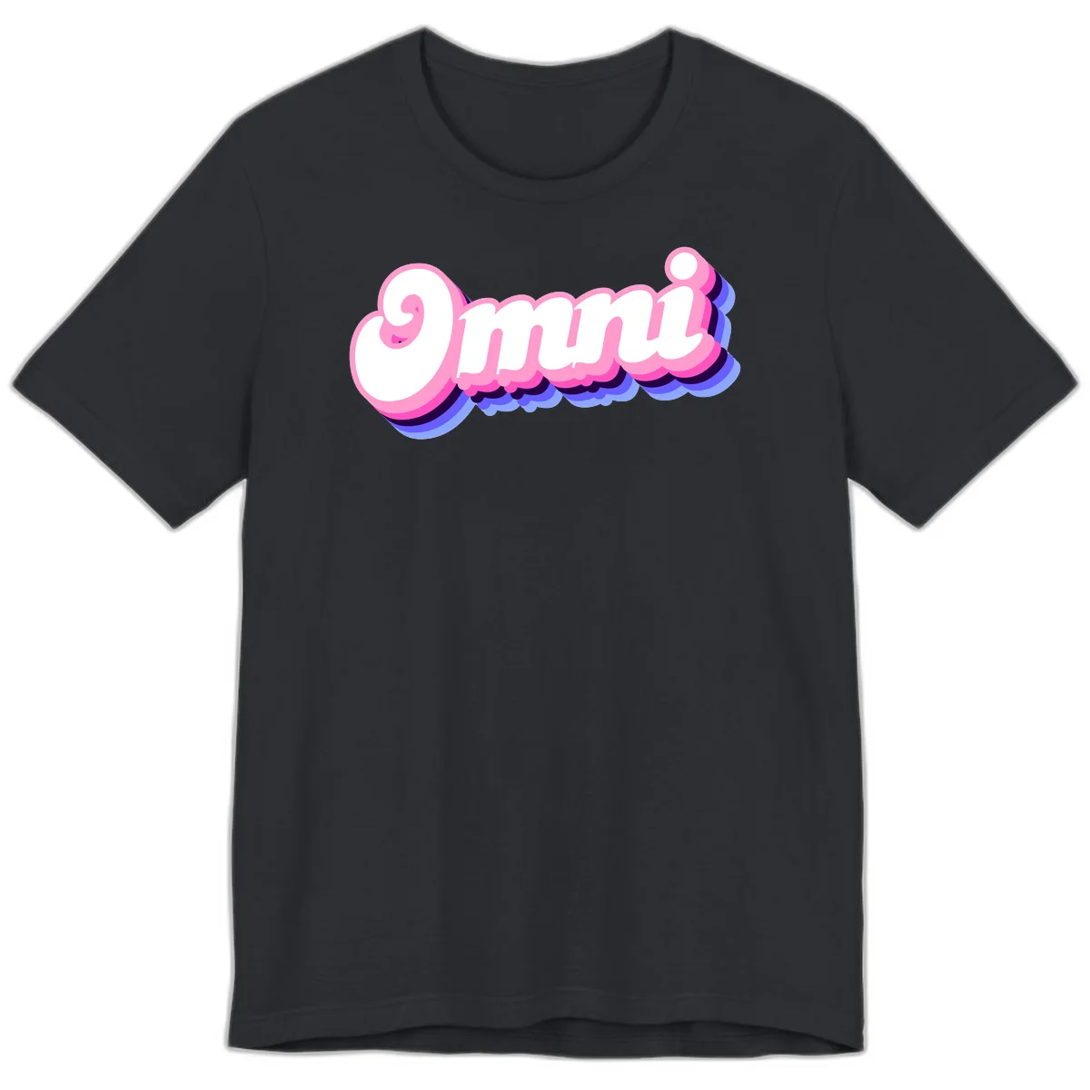 Bold pink 3D bubble text spelling 'OMG' with purple and blue dimensional shadow layering effects in Vintage Black