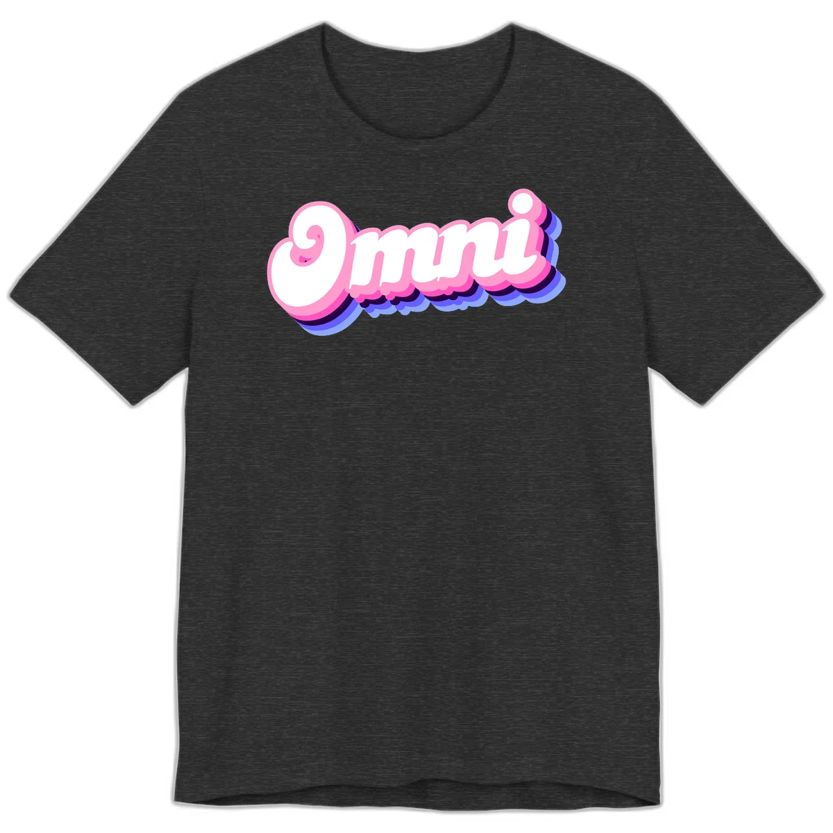 Bold pink 3D bubble text spelling 'OMG' with purple and blue dimensional shadow layering effects in Dark Grey Heather