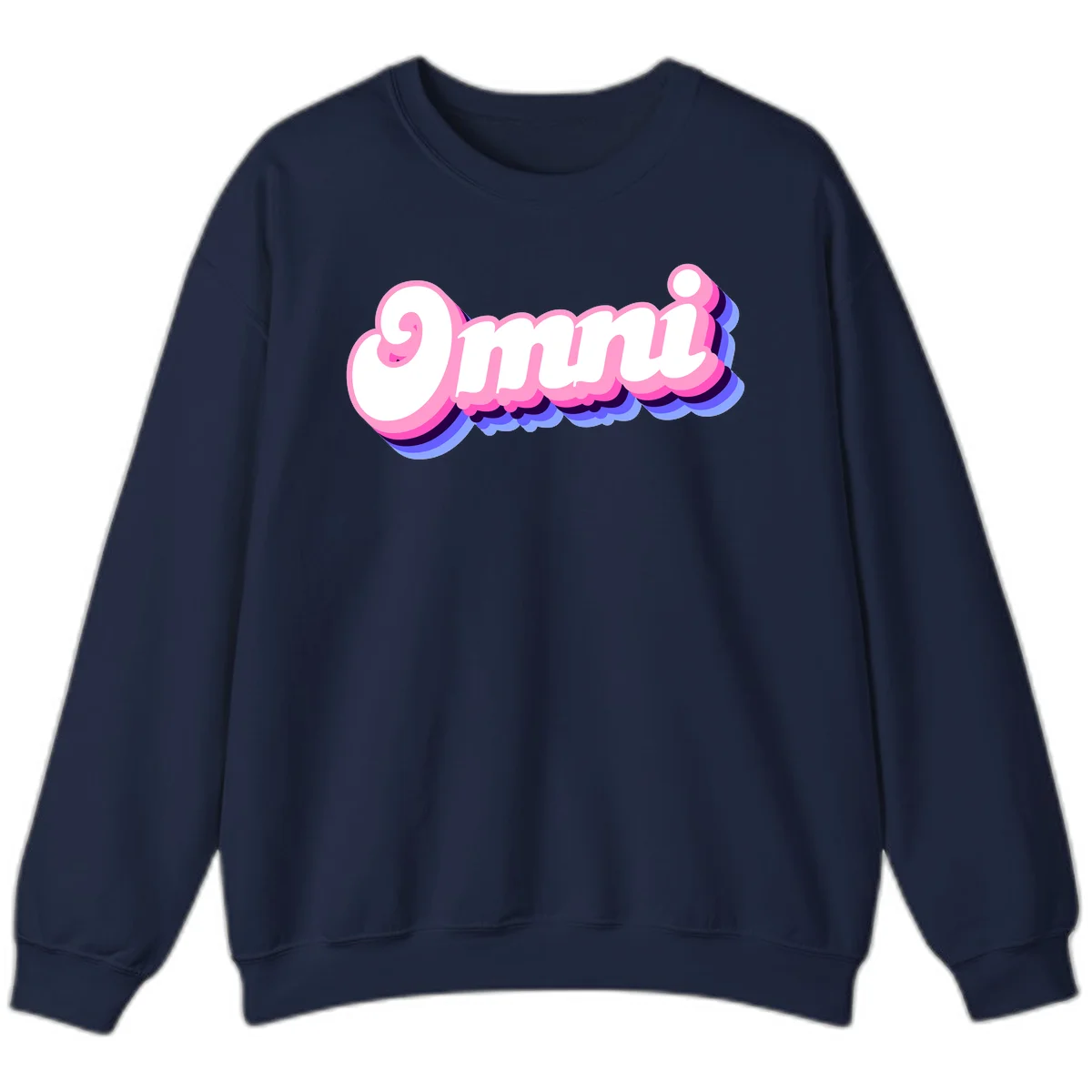 Bold pink 3D bubble text spelling 'OMG' with purple and blue dimensional shadow layering effects in Navy