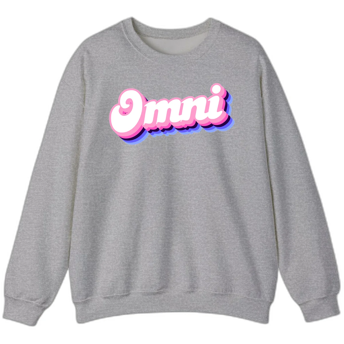 Bold pink 3D bubble text spelling 'OMG' with purple and blue dimensional shadow layering effects in Sport Grey