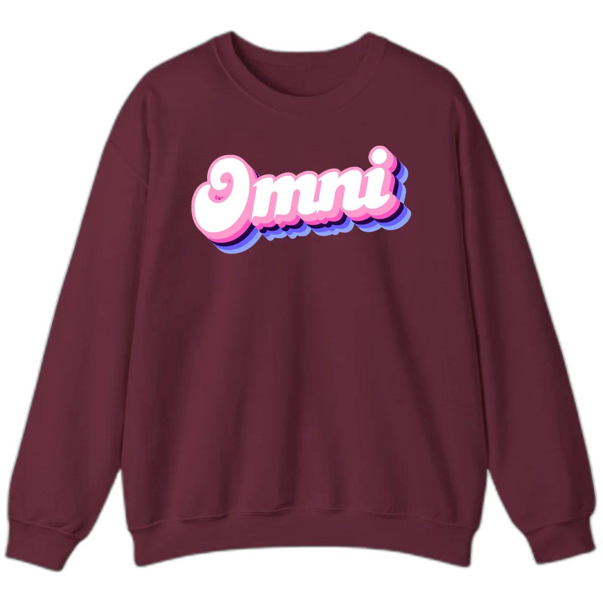 Bold pink 3D bubble text spelling 'OMG' with purple and blue dimensional shadow layering effects in Maroon