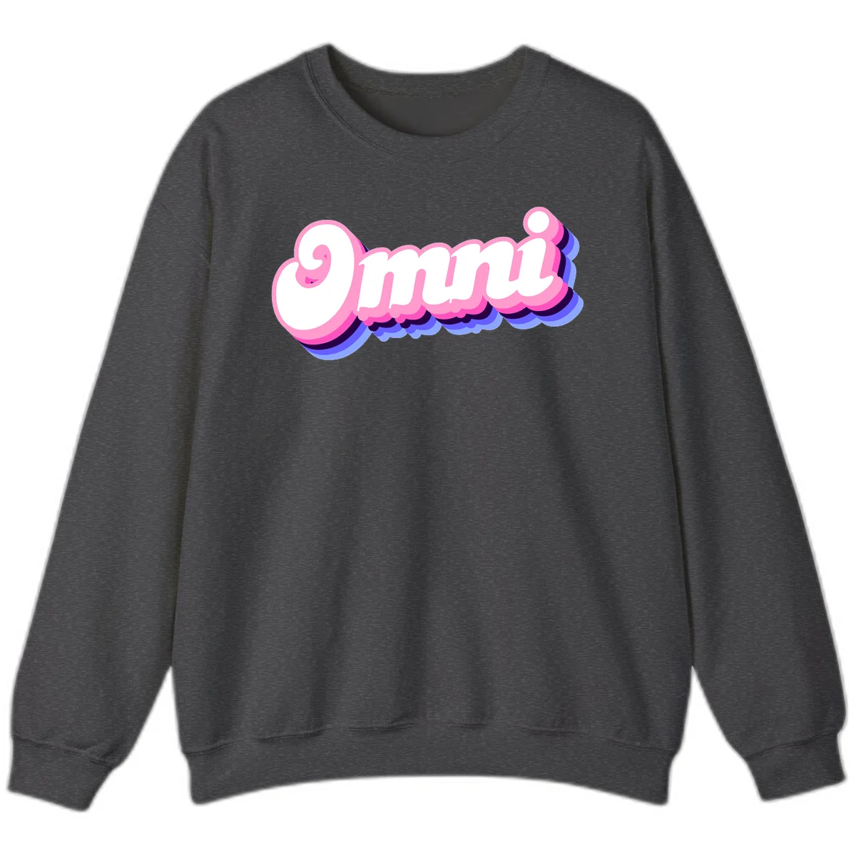 Bold pink 3D bubble text spelling 'OMG' with purple and blue dimensional shadow layering effects in Dark Heather