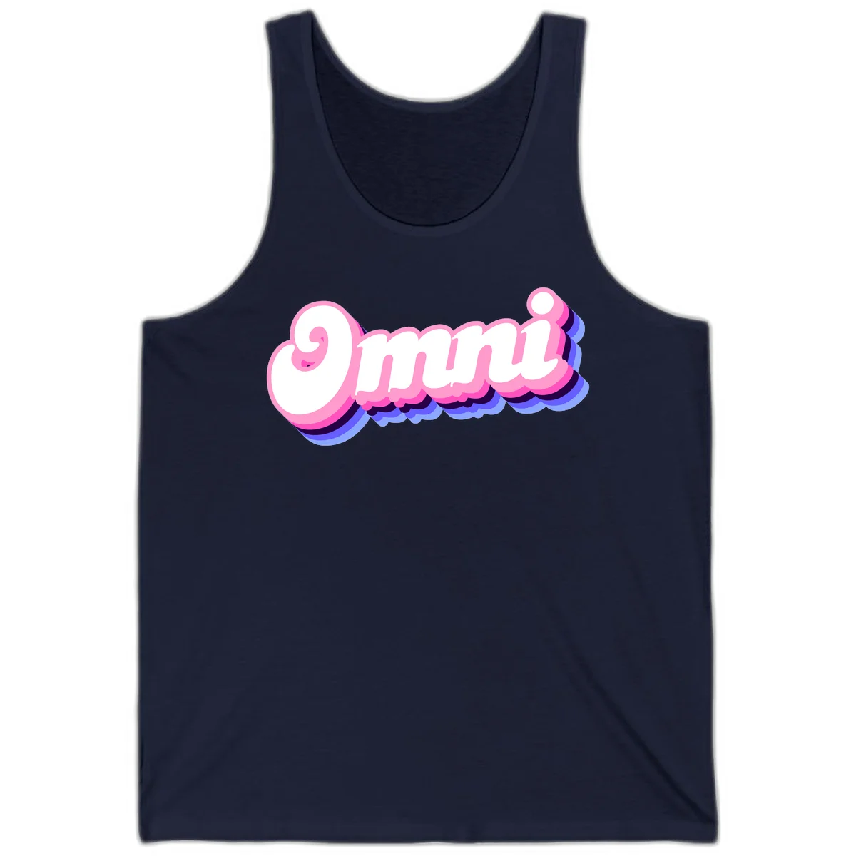 Bold pink 3D bubble text spelling 'OMG' with purple and blue dimensional shadow layering effects in Navy