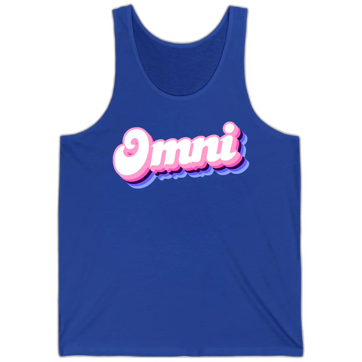 Bold pink 3D bubble text spelling 'OMG' with purple and blue dimensional shadow layering effects in True Royal