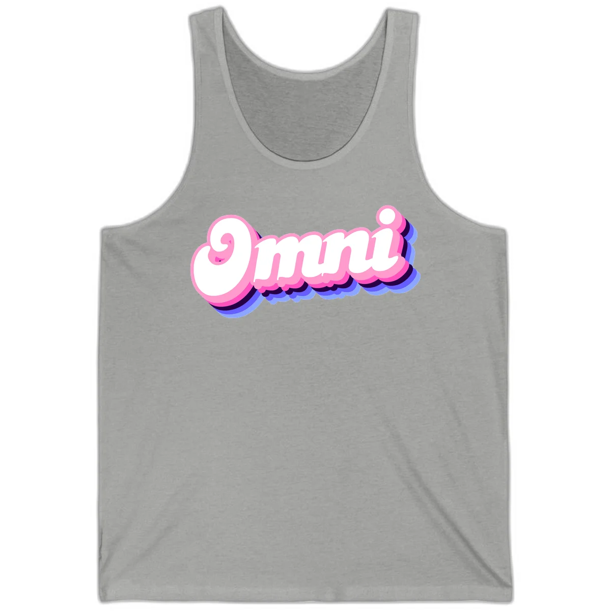 Bold pink 3D bubble text spelling 'OMG' with purple and blue dimensional shadow layering effects in Athletic Heather