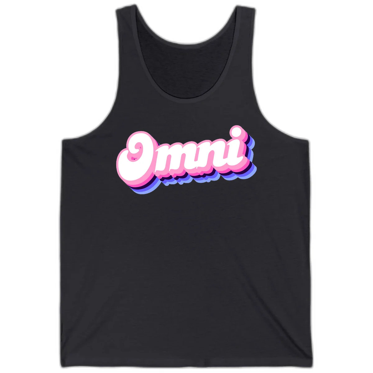 Bold pink 3D bubble text spelling 'OMG' with purple and blue dimensional shadow layering effects in Dark Grey