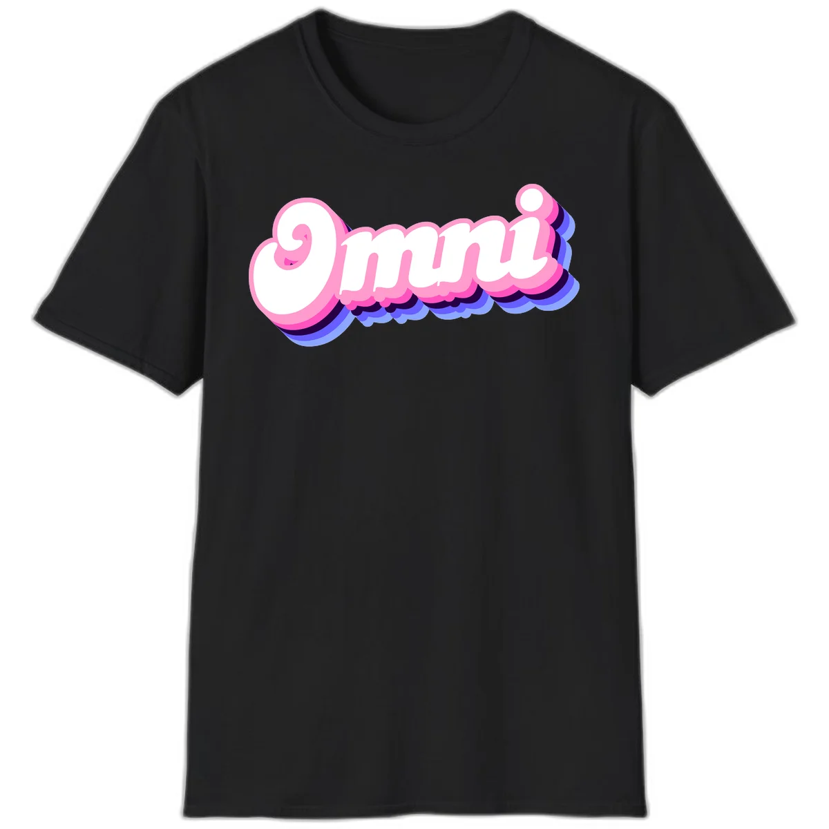 Bold pink 3D bubble text spelling 'OMG' with purple and blue dimensional shadow layering effects in Black